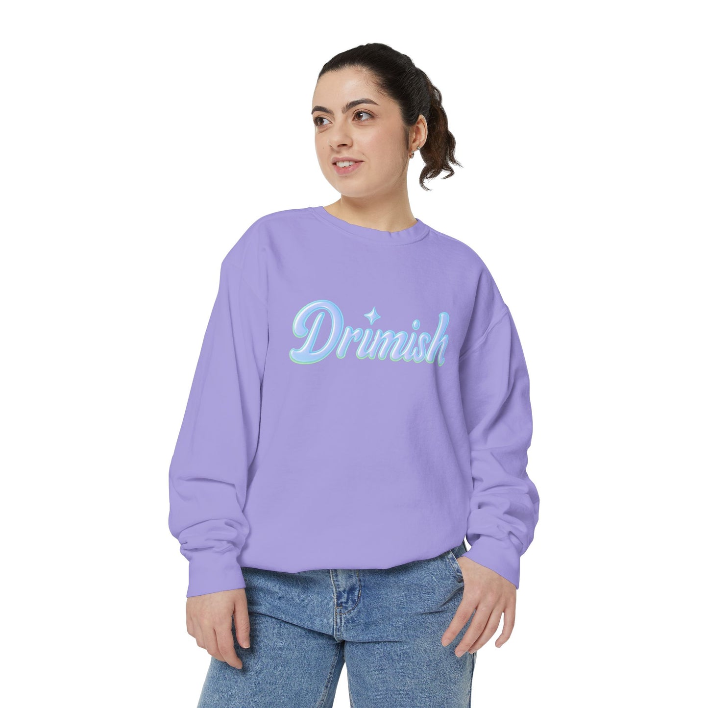 Drimish Script Sweatshirt — Pastel Blue Retro Logo Crewneck
