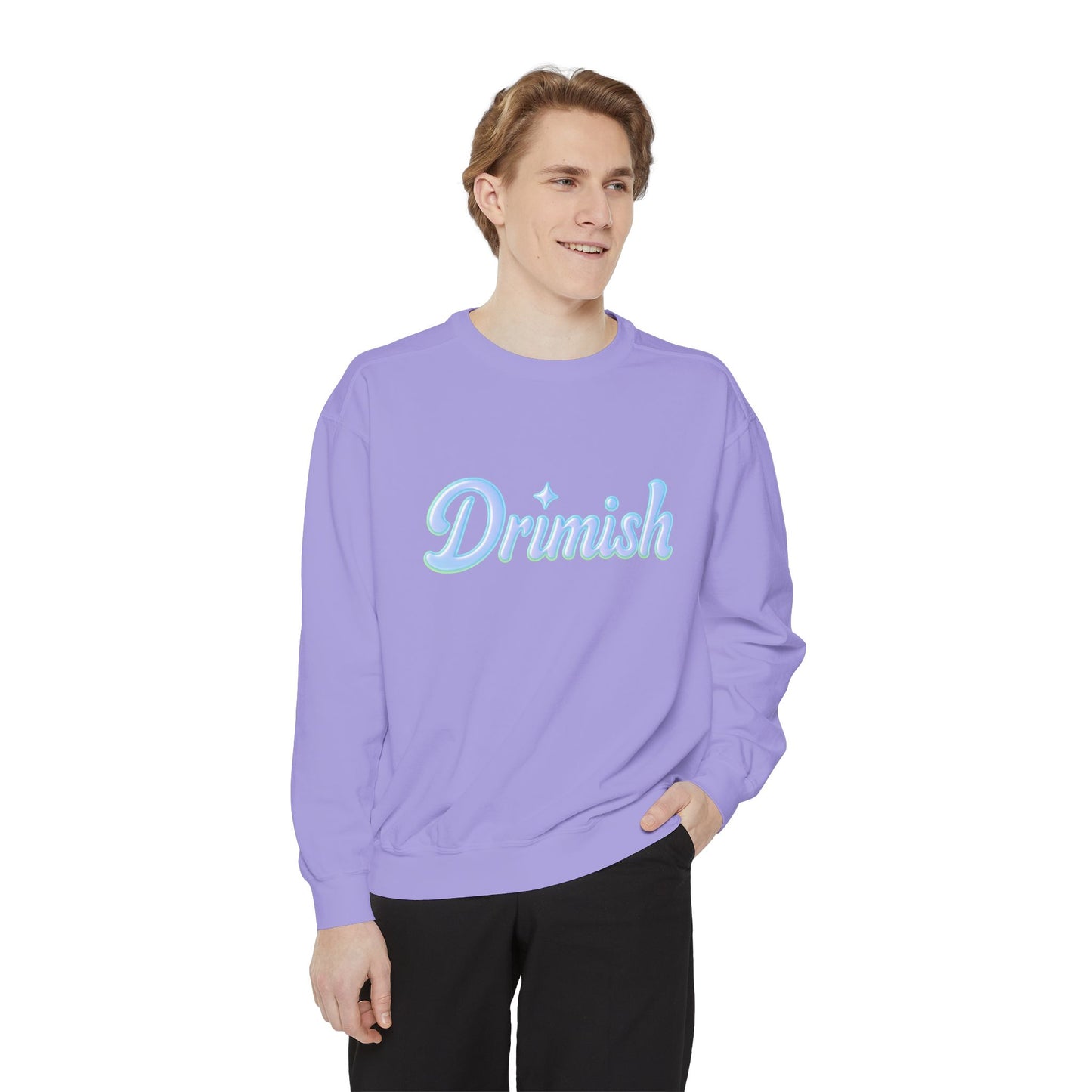 Drimish Script Sweatshirt — Pastel Blue Retro Logo Crewneck