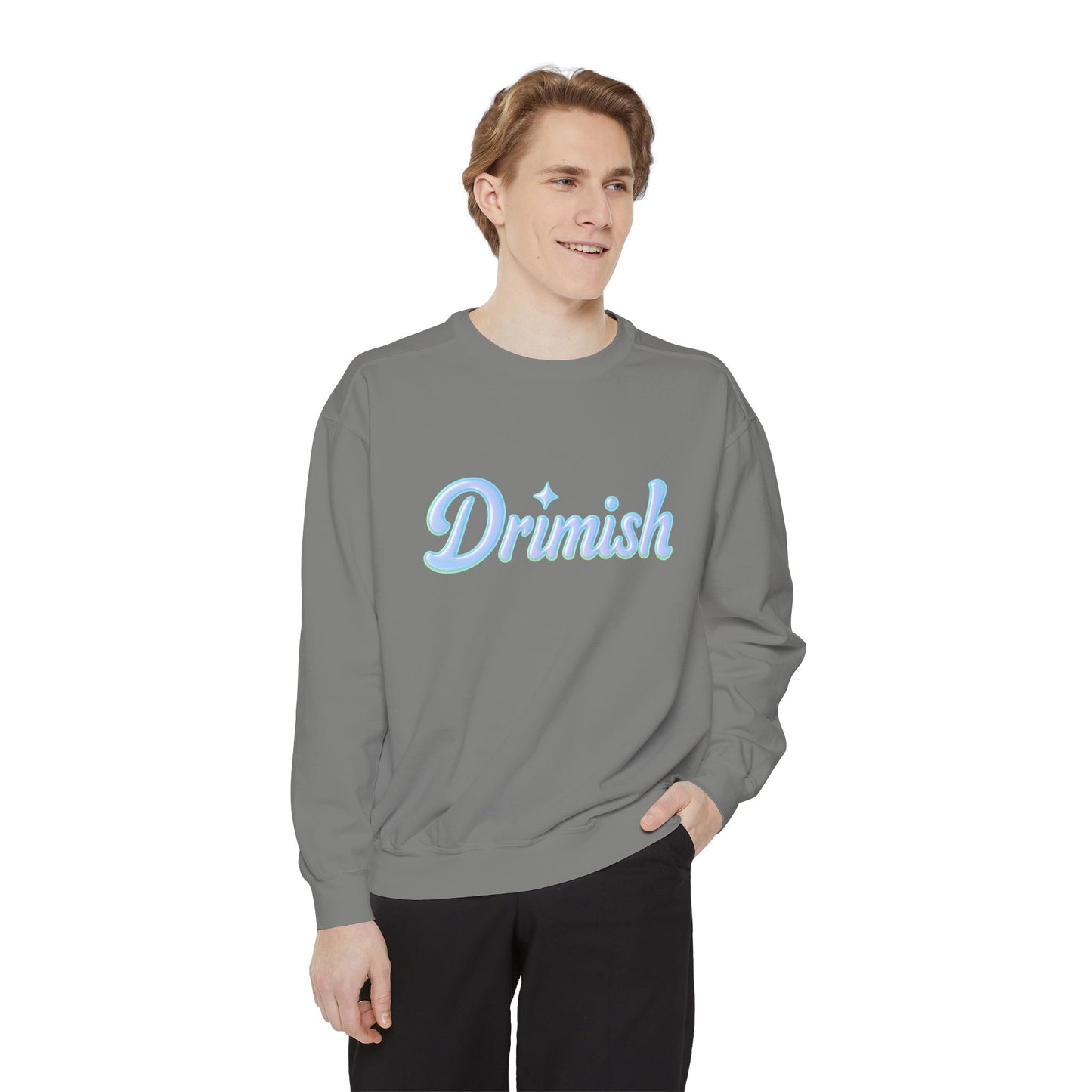 Drimish Script Sweatshirt — Pastel Blue Retro Logo Crewneck