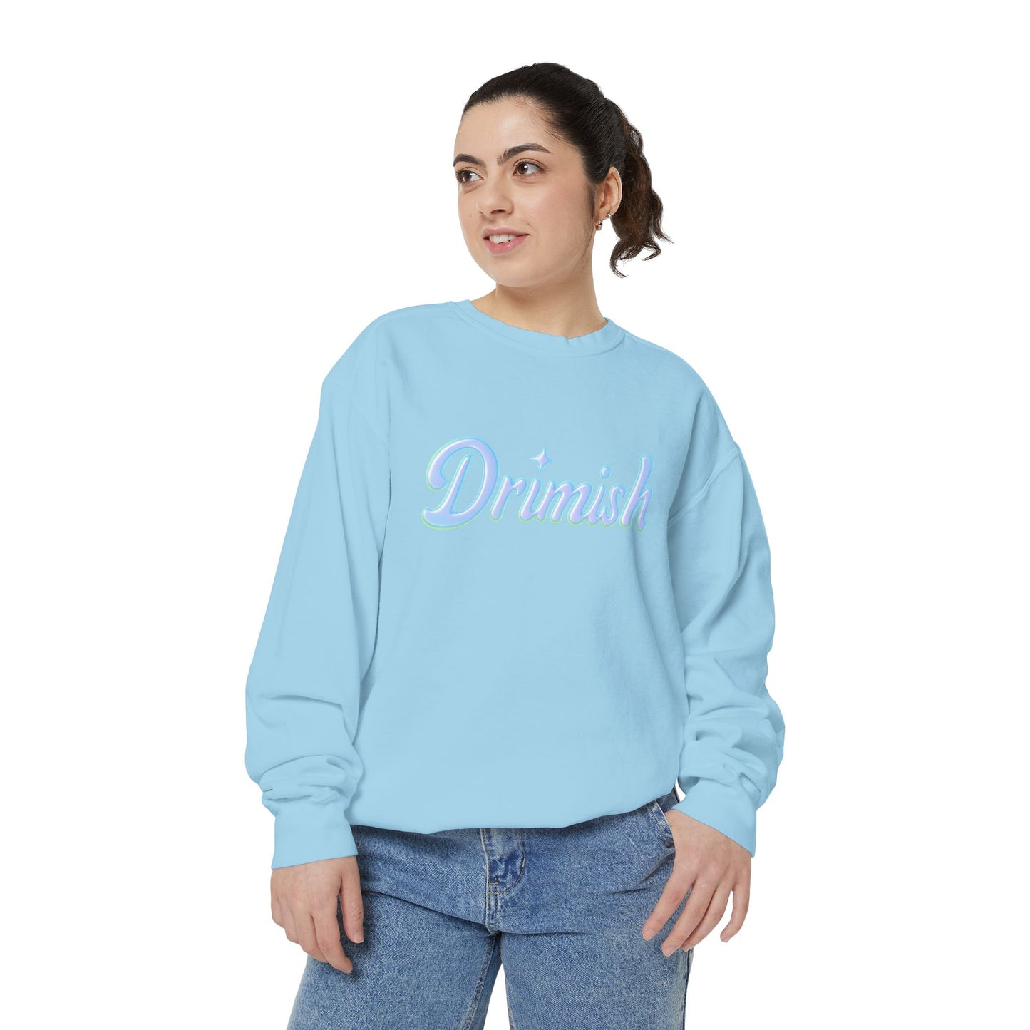 Drimish Script Sweatshirt — Pastel Blue Retro Logo Crewneck