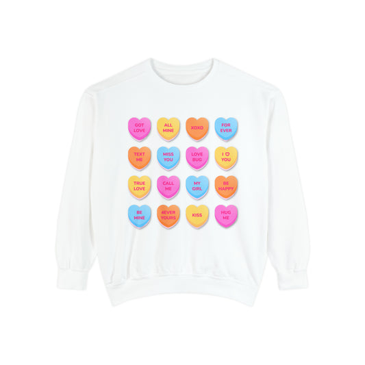 Conversation Hearts Unisex Garment-Dyed Sweatshirt Designed By Nichole Jacklyne