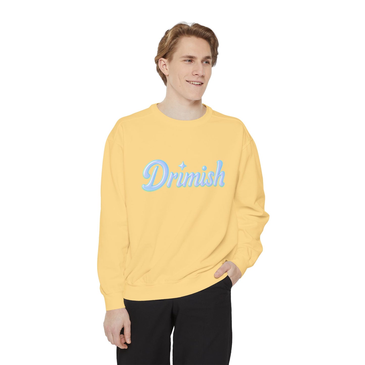 Drimish Script Sweatshirt — Pastel Blue Retro Logo Crewneck