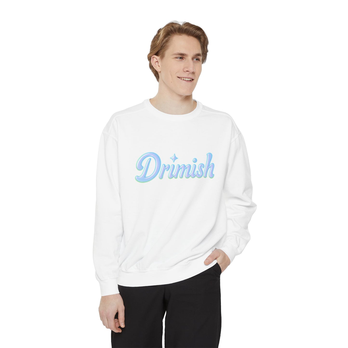 Drimish Script Sweatshirt — Pastel Blue Retro Logo Crewneck