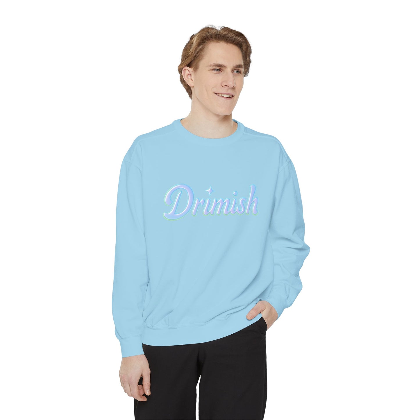 Drimish Script Sweatshirt — Pastel Blue Retro Logo Crewneck